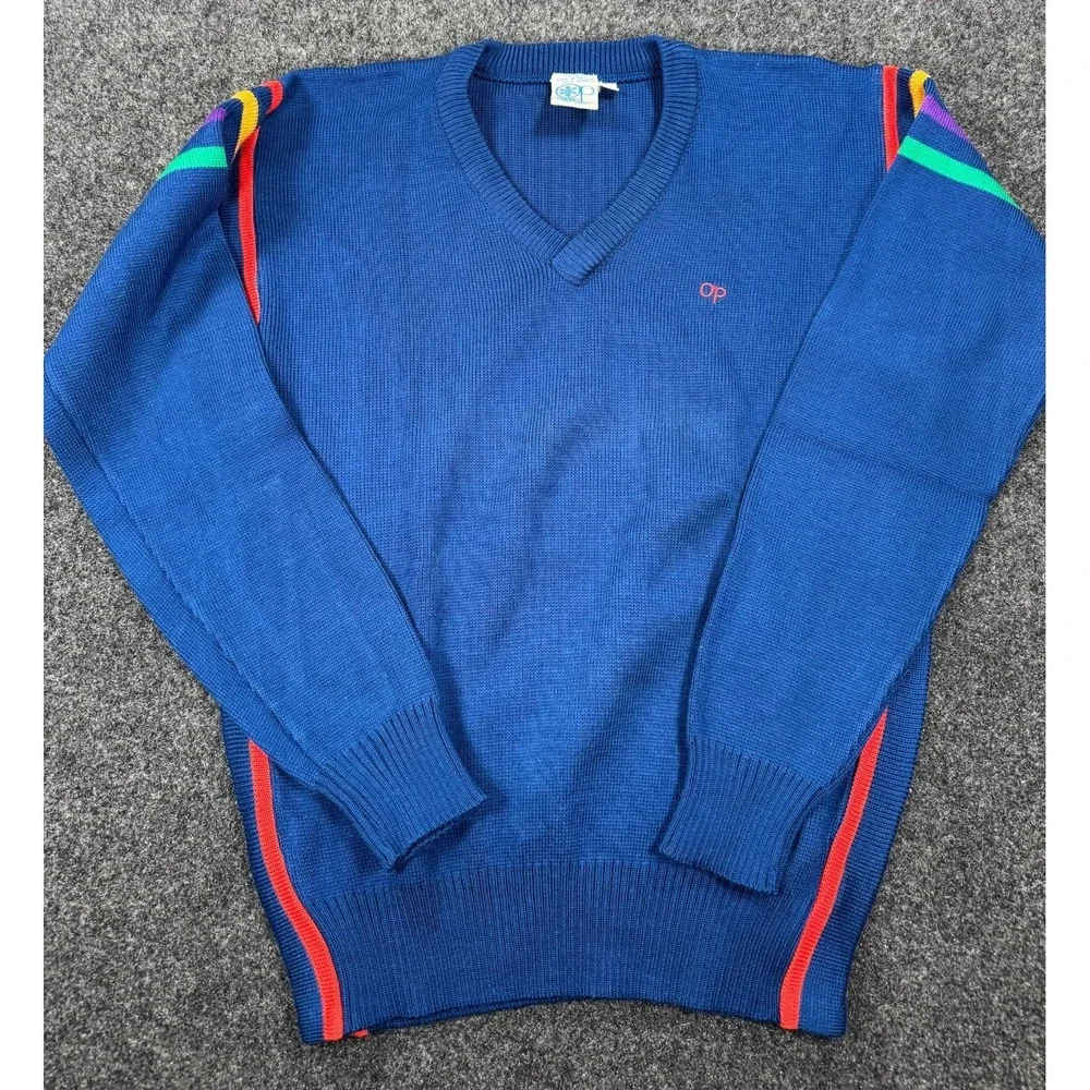 VTG OP Ocean Pacific Sweater Mens M Blue V Neck Striped Shoulder Knit Hong Kong